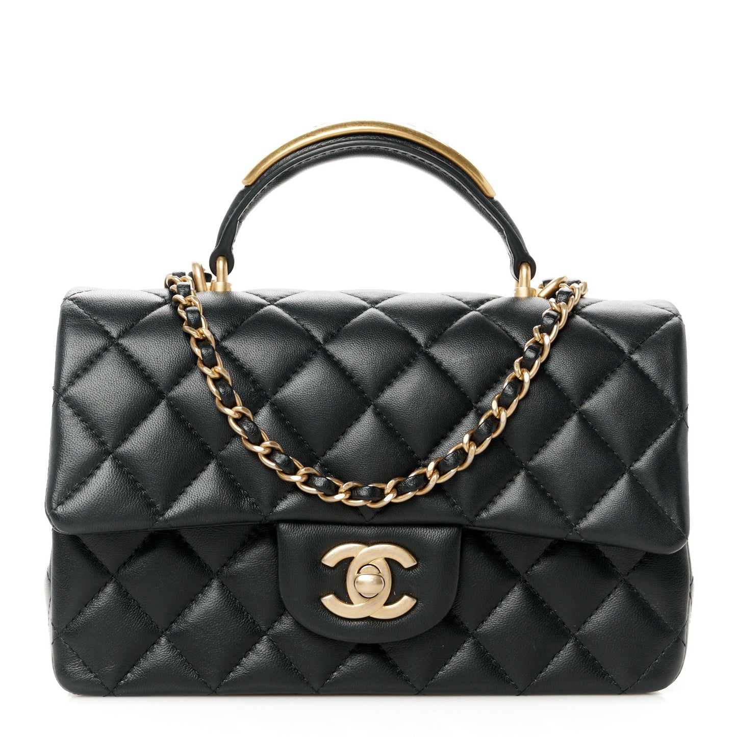 Lambskin Quilted Metal Mini Top Handle Rectangular Flap Black