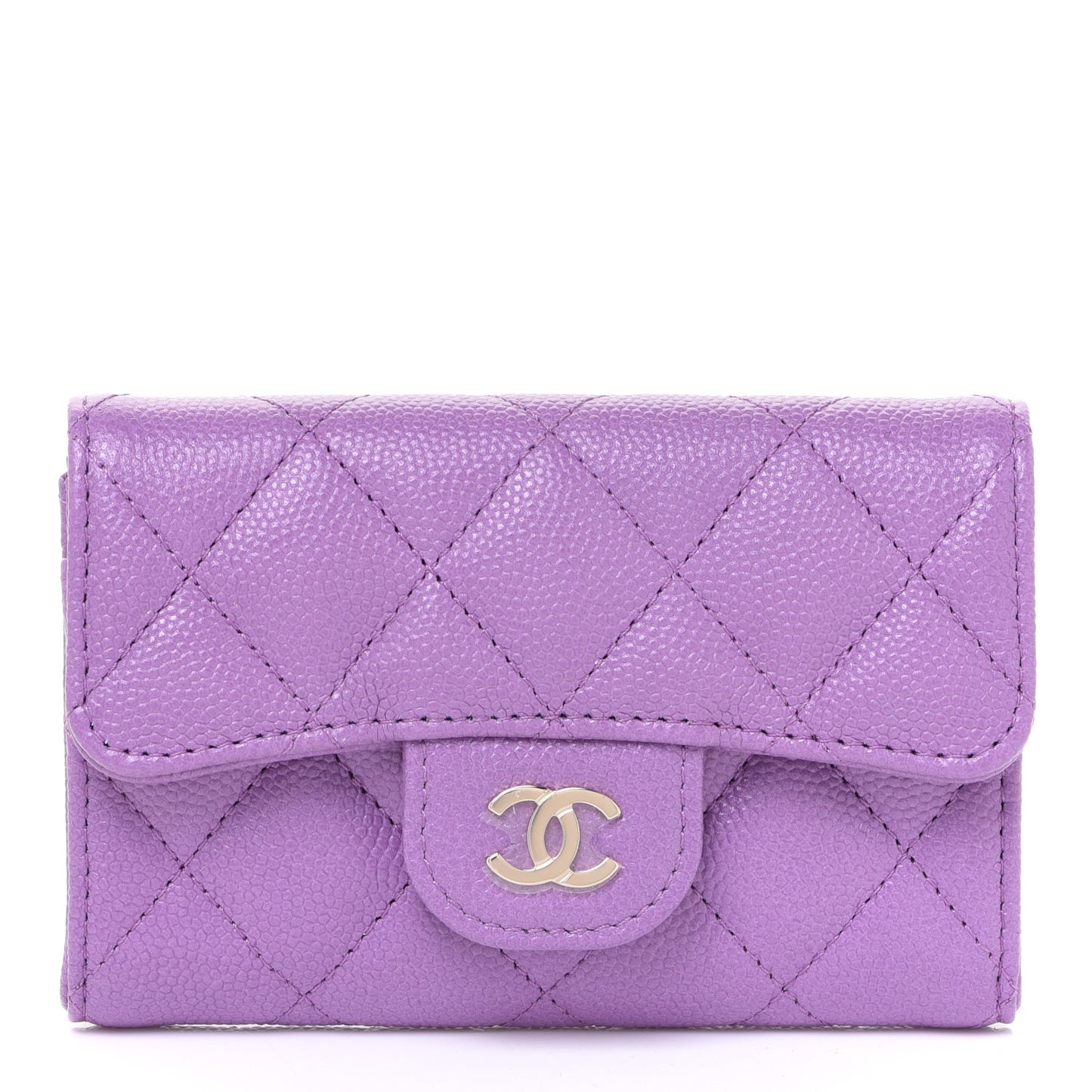 Caviar Quilted Flap Card Holder Wallet Purple