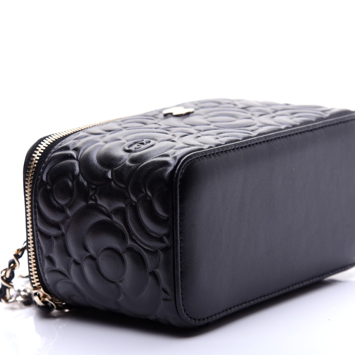 Lambskin Camellia Embossed Small Vanity Case With Chain Black