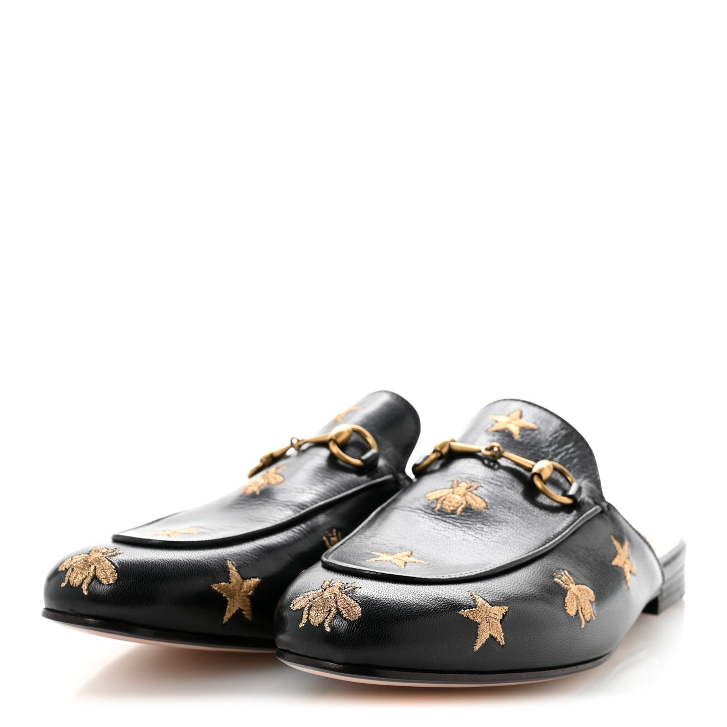 Goatskin Bee Star Embroidered Womens Princetown Slippers 38.5 Black