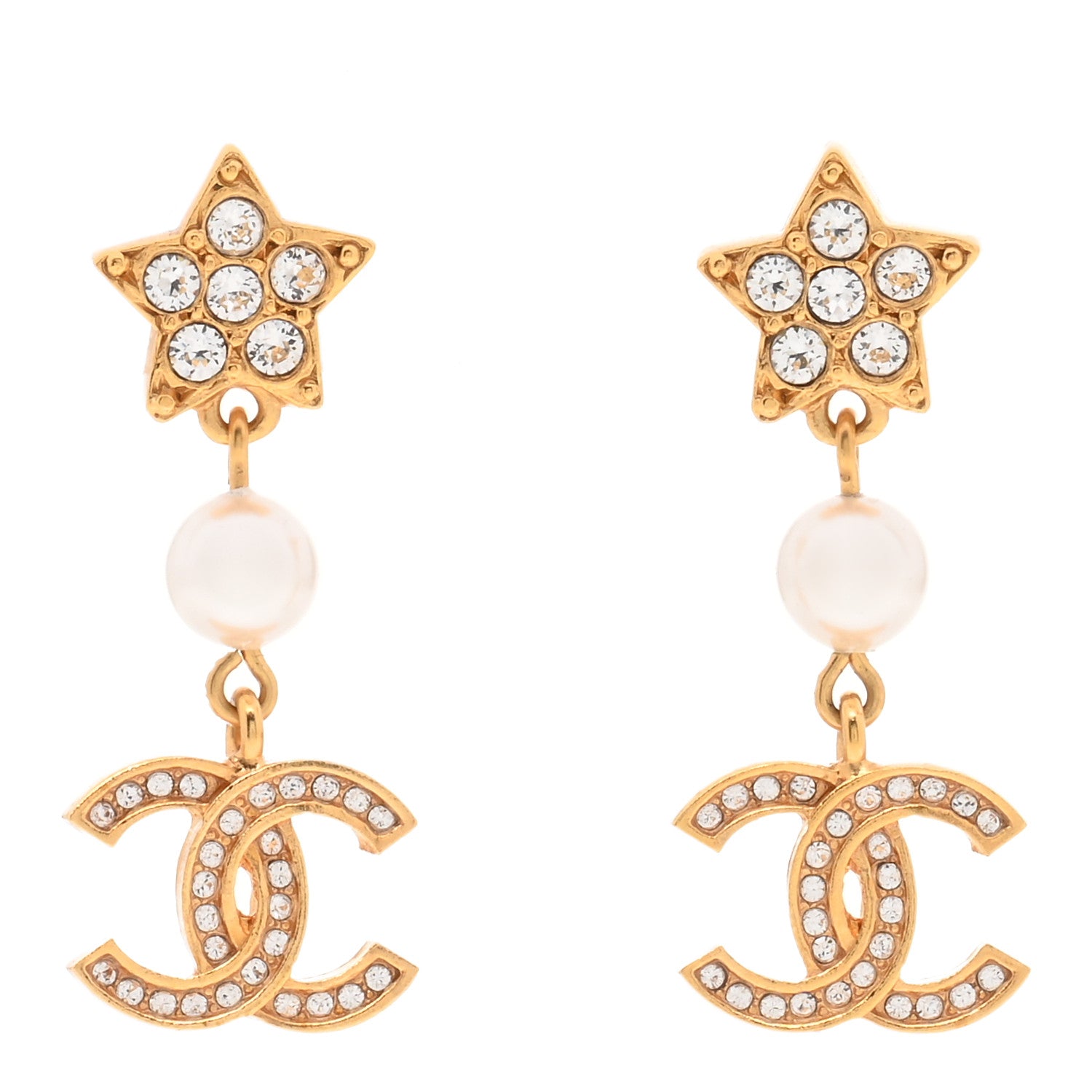 Chanel Crystal Pearl CC Star Drop Earrings Gold 1 of 4