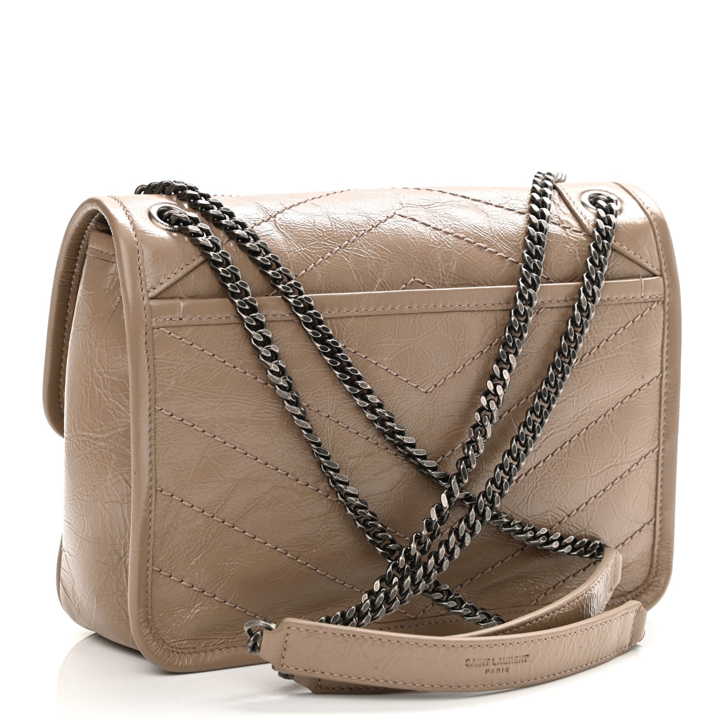 Crinkled Calfskin Matelasse Monogram Baby Niki Chain Satchel Light Taupe
