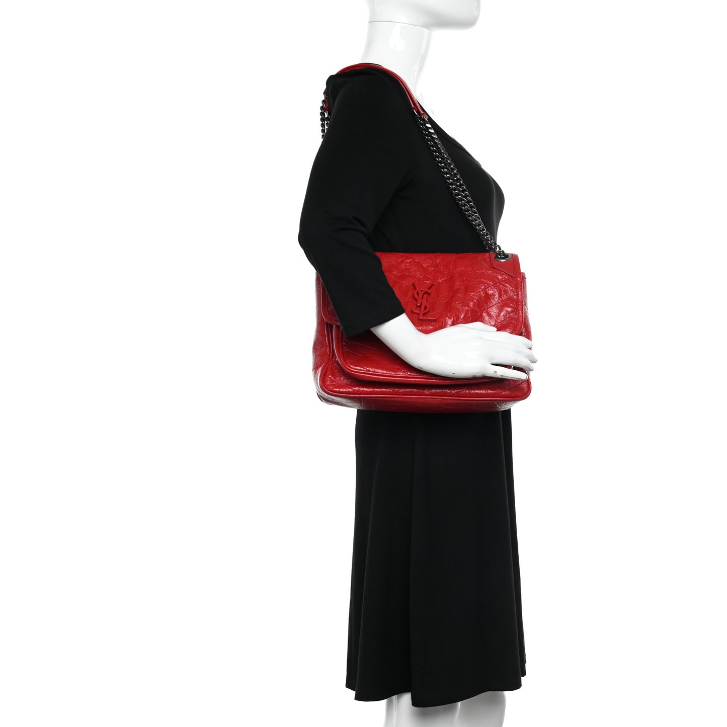 Crinkled Calfskin Matelasse Monogram Medium Niki Chain Satchel Rouge Eros
