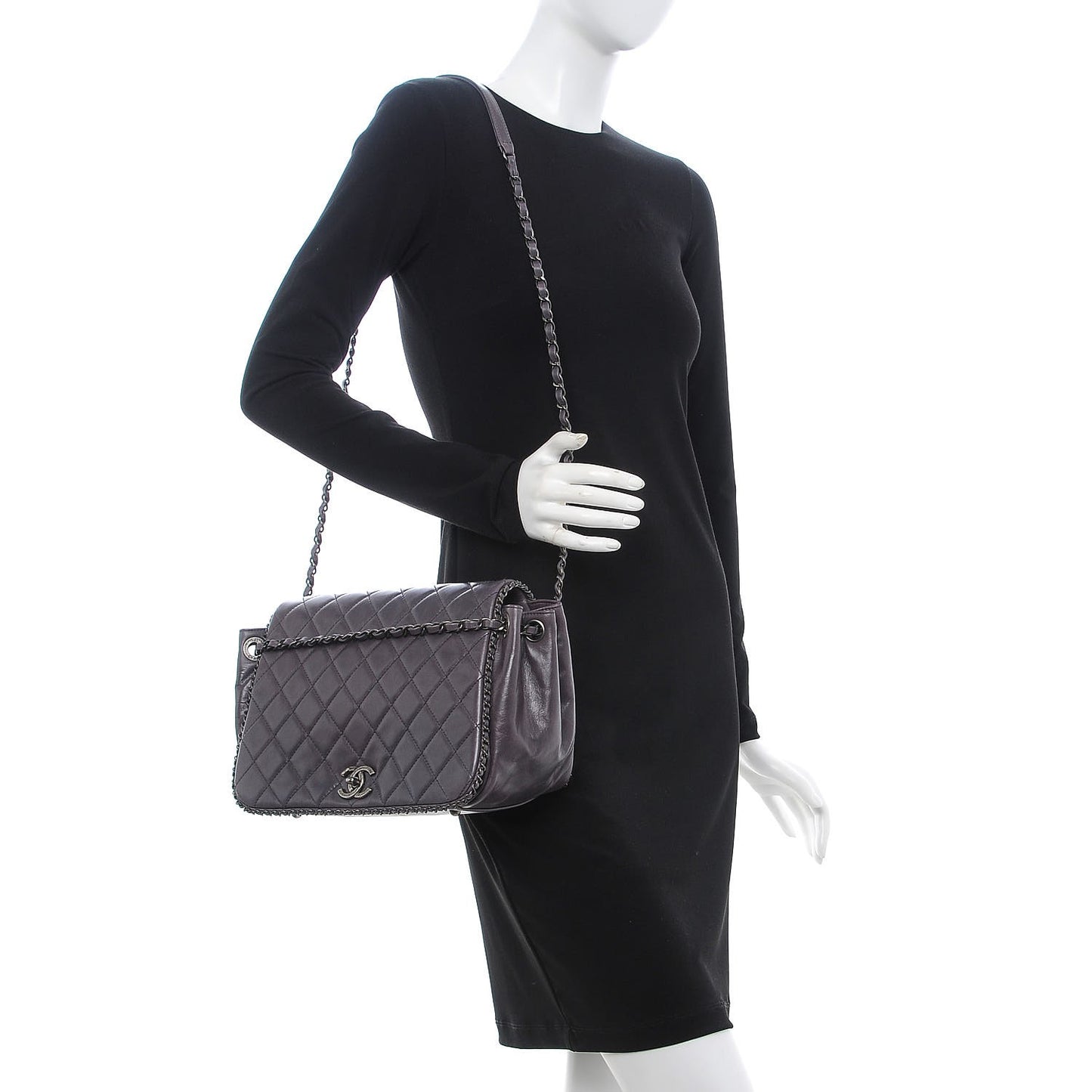 Calfskin Quilted Large CC Enchained Accordion Flap Grey