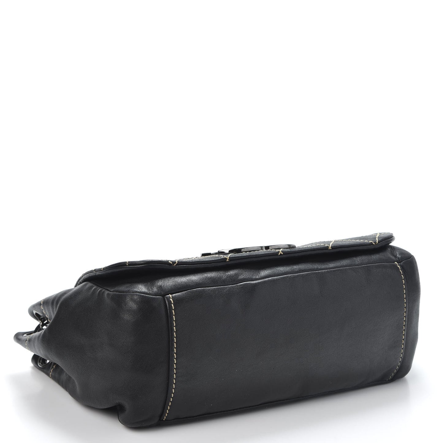 Lambskin Contrast Stitch Surpique Accordion Flap Black