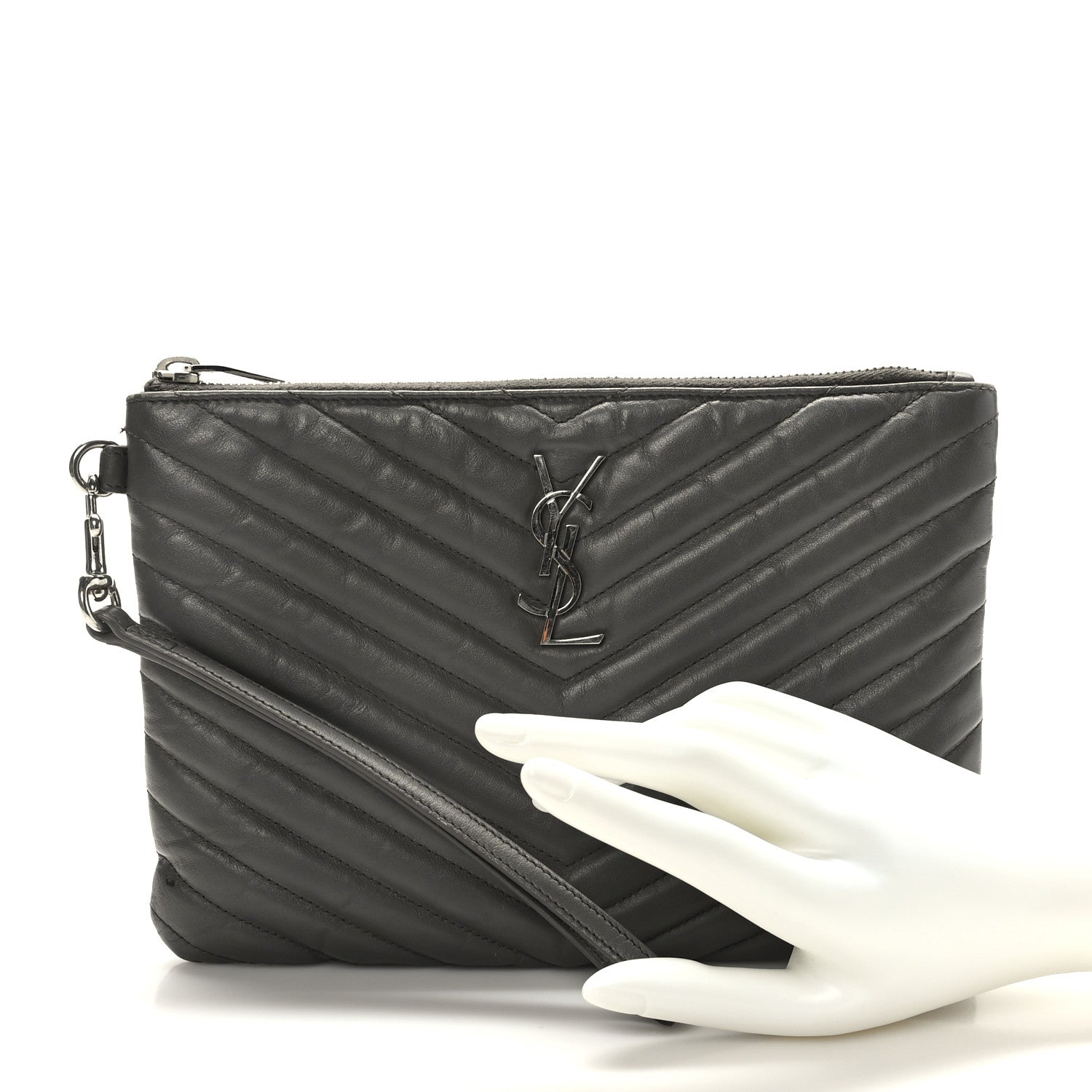 Saint Laurent Calfskin Matelasse Chevron Monogram A5 Wristlet Earth 2 of 8