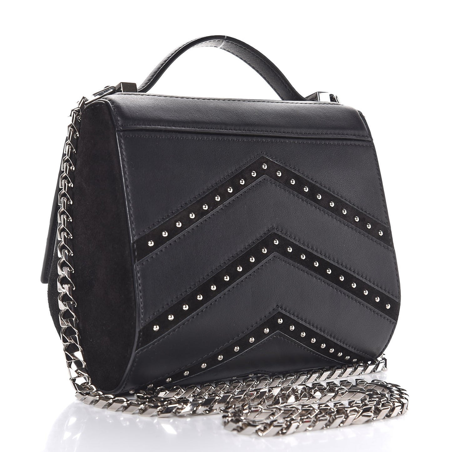 Calfskin Suede Mini Studded Chevron Pandora Box Crossbody Bag Black