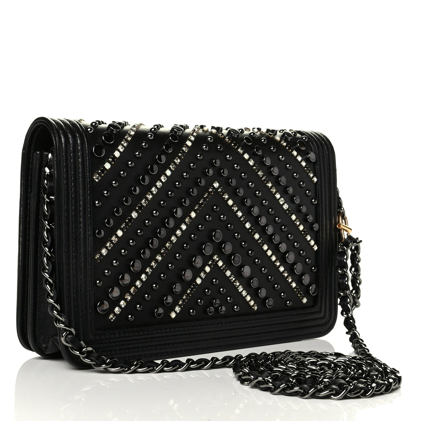 Calfskin Crystal Studded Chevron Boy Wallet On Chain WOC Black