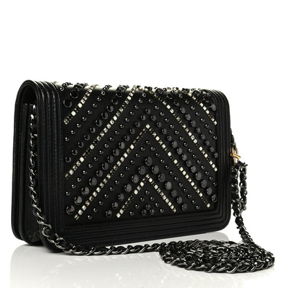 Chanel Calfskin Crystal Studded Chevron Boy Wallet On Chain WOC Black 2 of 6