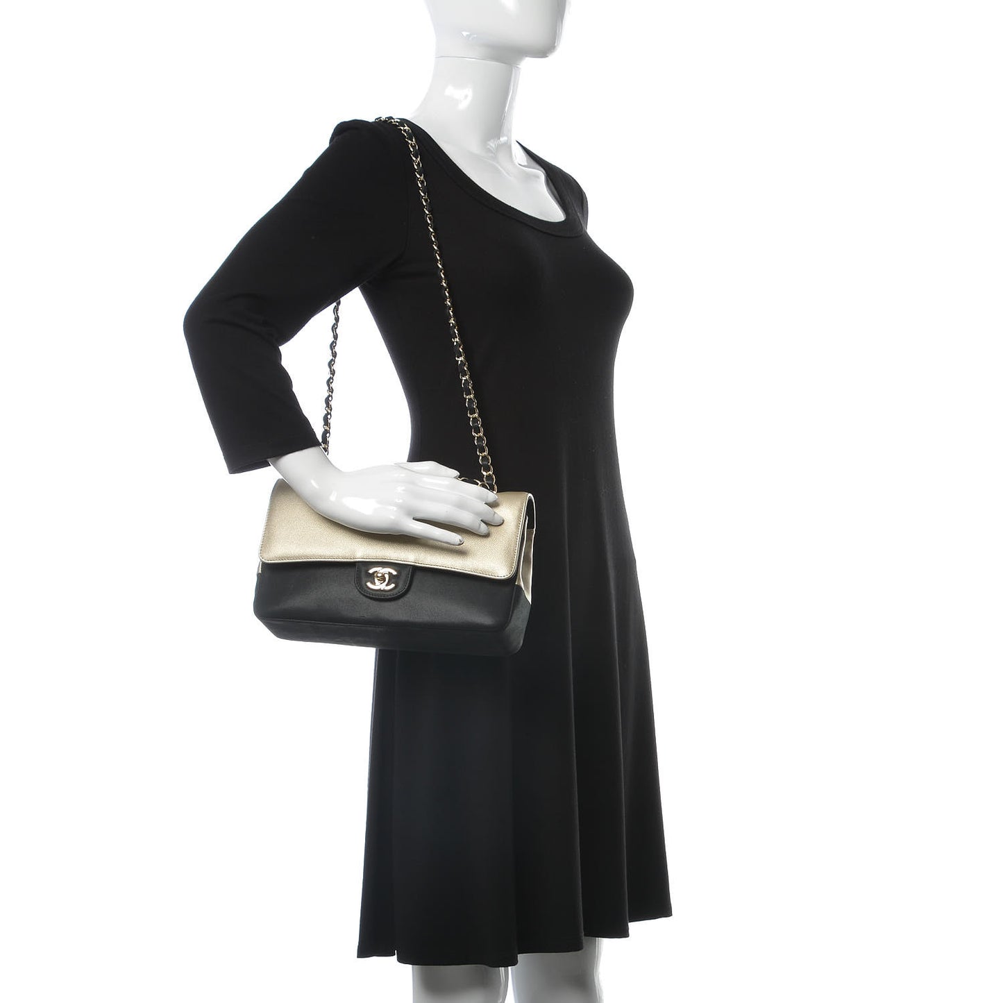 Caviar Iridescent Calfskin Duo Medium Double Flap Light Gold Black