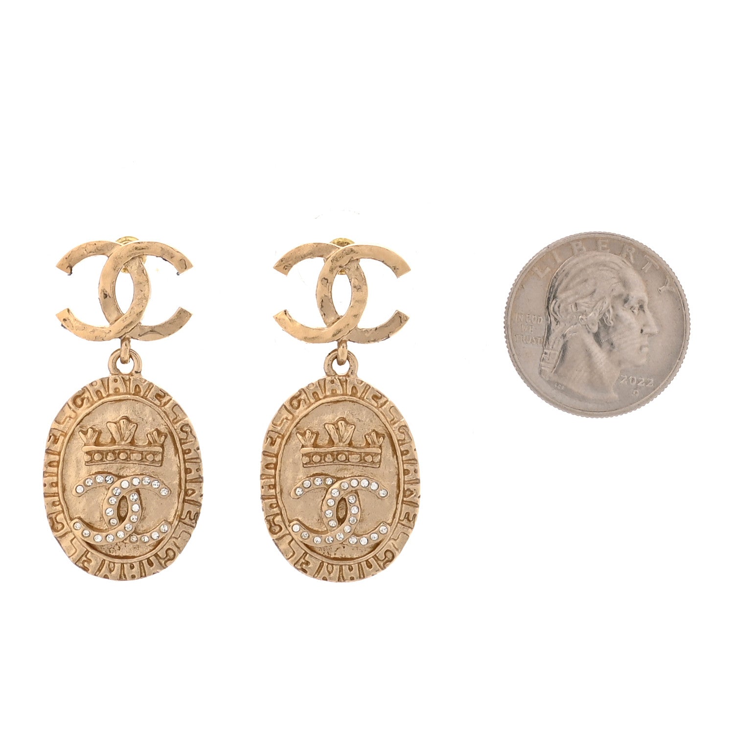 Chanel Crystal CC Medallion Drop Earrings Gold 2 of 5