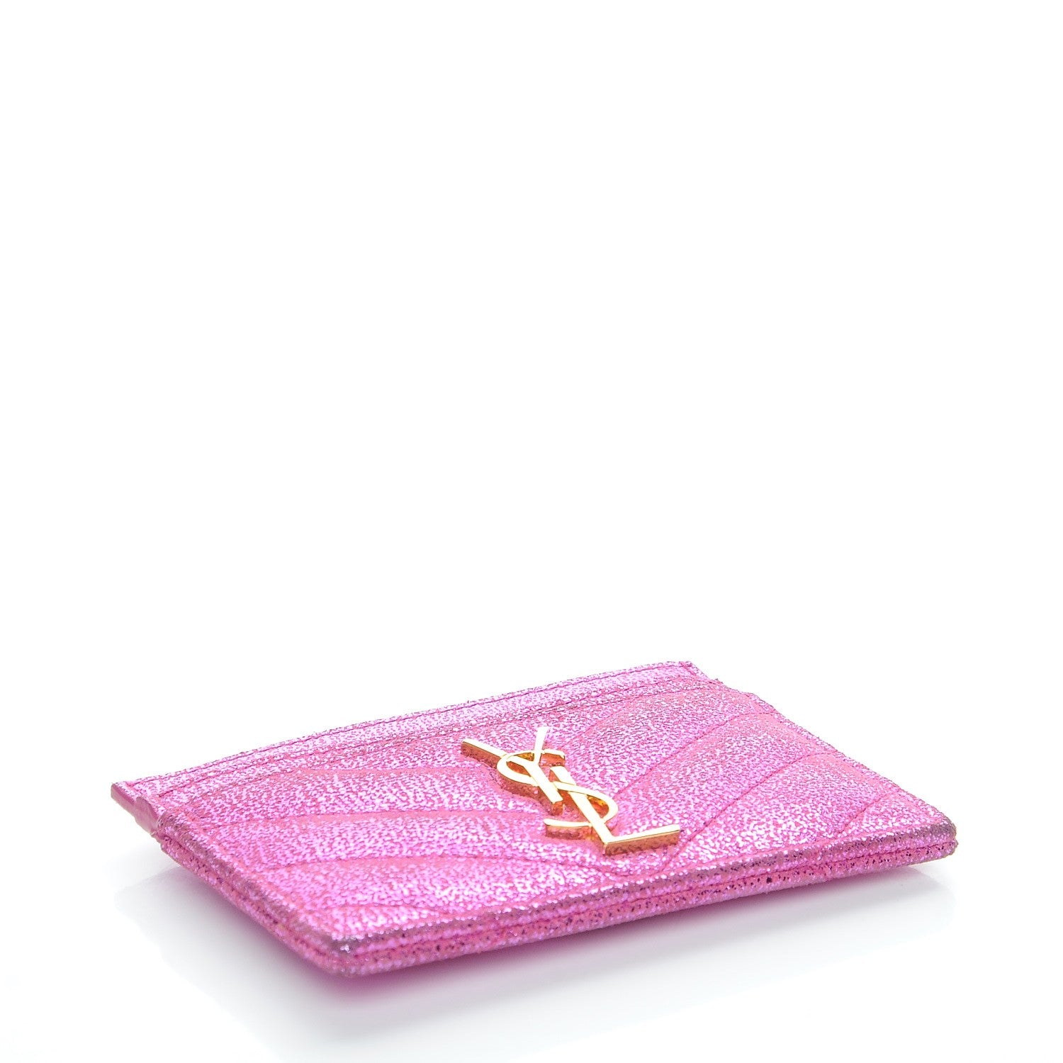Saint Laurent Metallic Crackled Calfskin Matelasse Chevron Monogram Credit Card Case Fuchsia 4 of 8