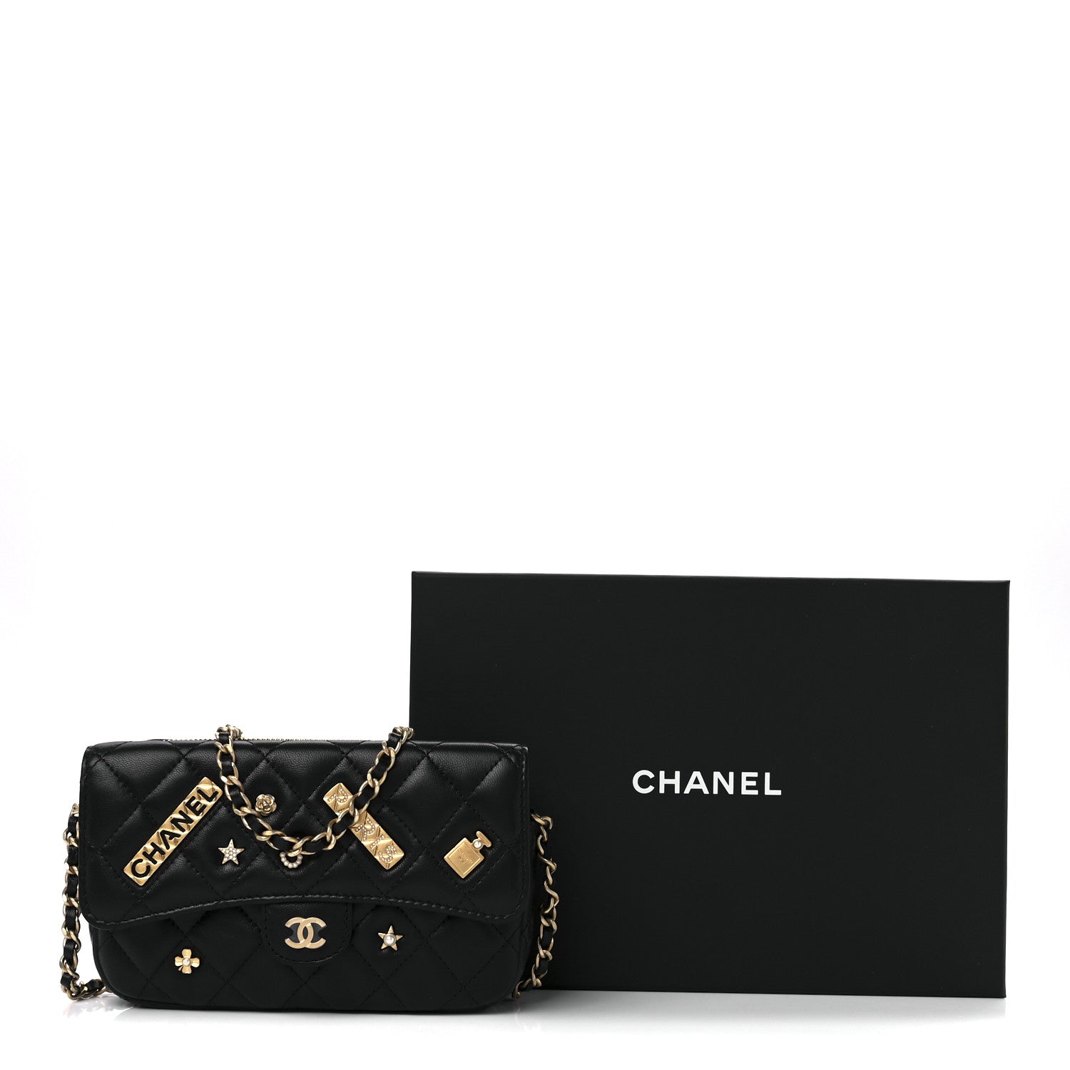 Chanel Lambskin Quilted Charm Flap Phone Holder With Chain Black 14 of 14