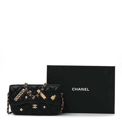 Chanel Lambskin Quilted Charm Flap Phone Holder With Chain Black 14 of 14