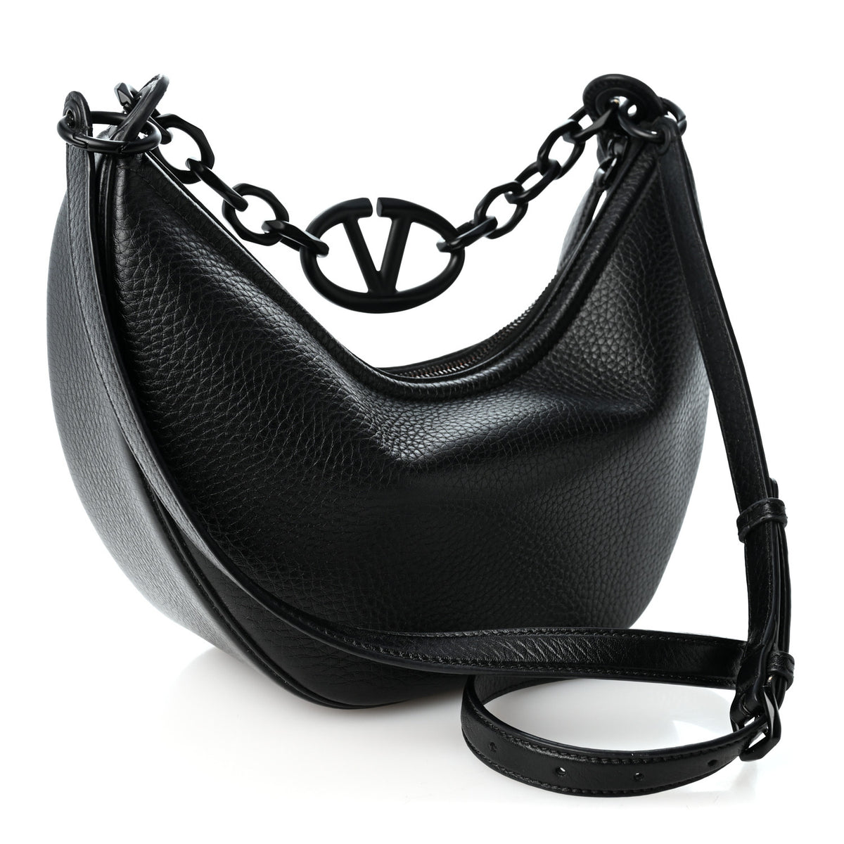 Grainy Calfskin Monochrome Small Vlogo Moon Hobo Bag Black