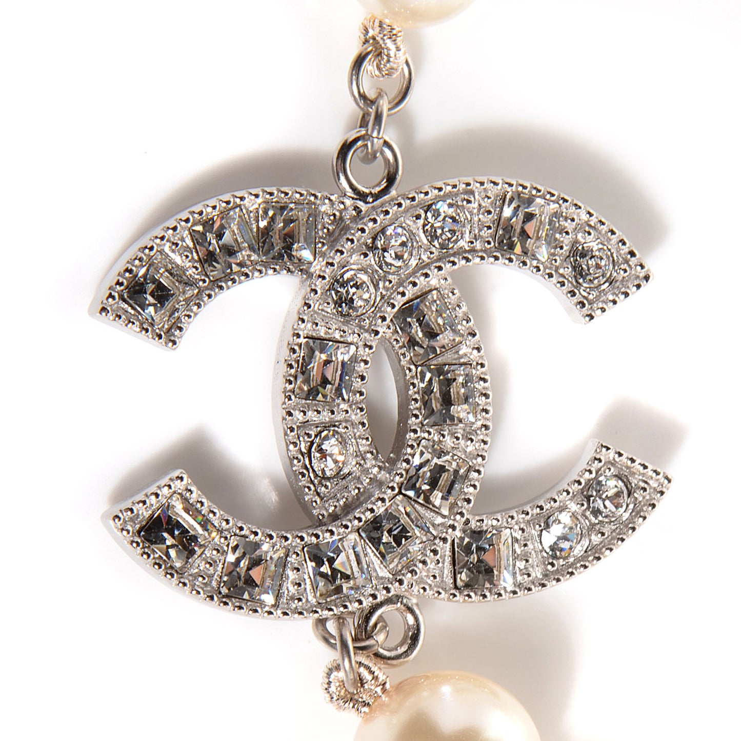 Crystal Baguette Pearl CC Double Strand Necklace Silver