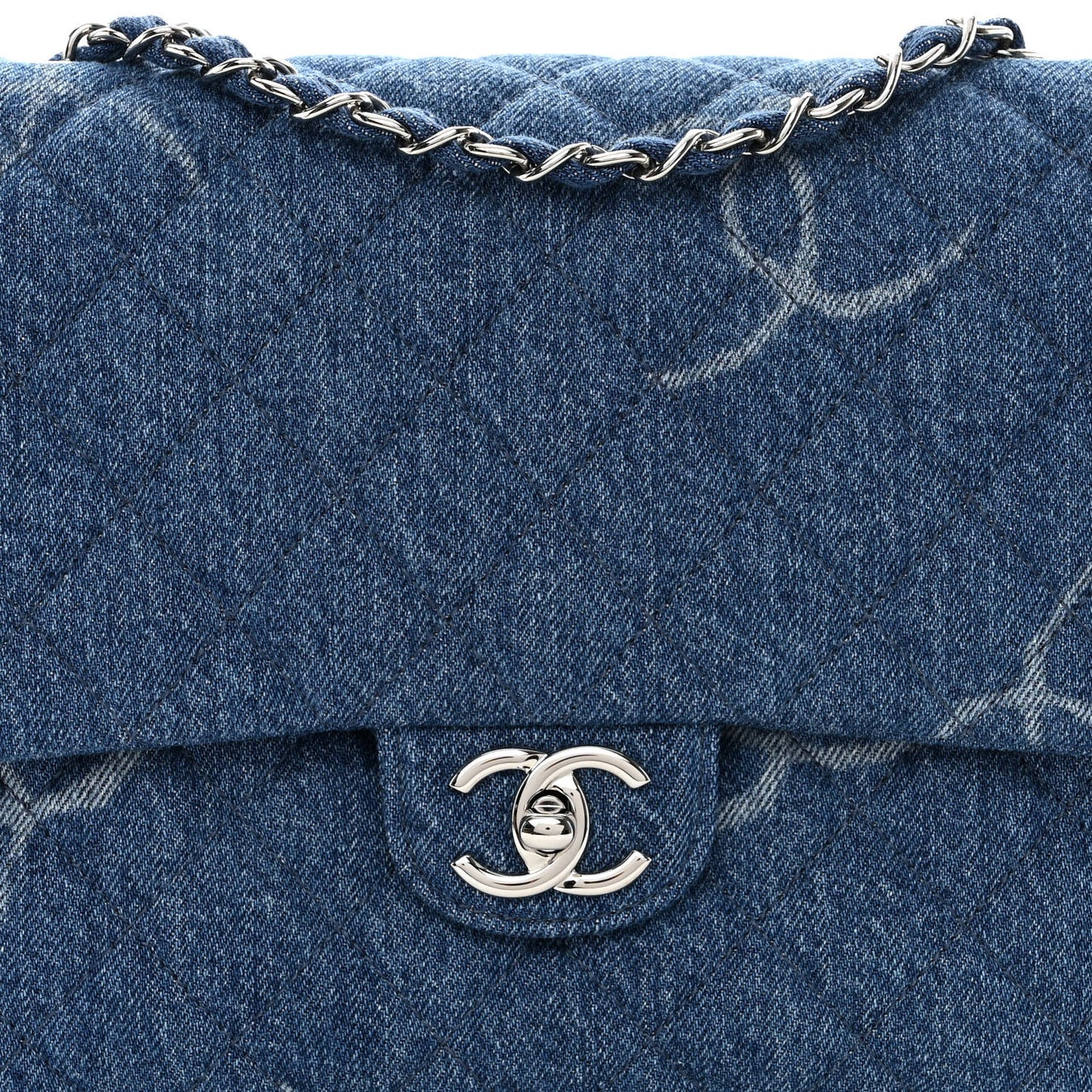 Denim Quilted CC Print Jumbo Single Flap Blue