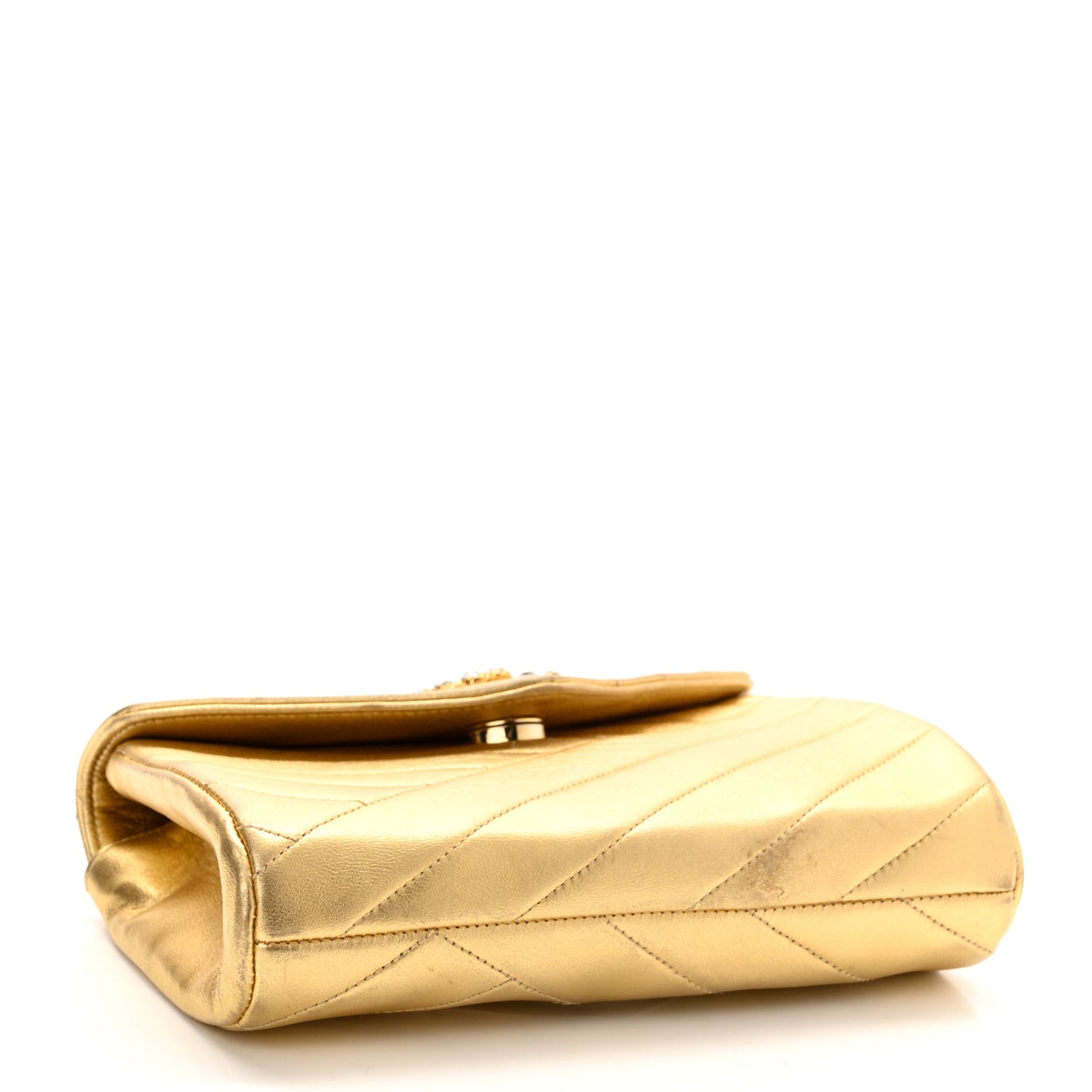 Metallic Lambskin Crystal Chevron Chain Clutch Gold