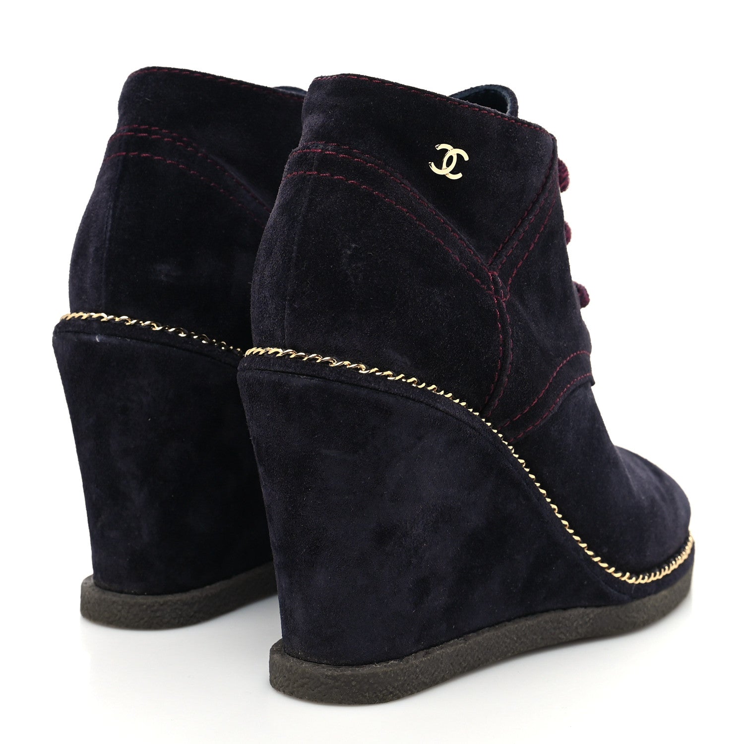 Chanel Suede Lace Up Wedge Booties 36 Dark Blue 4 of 8