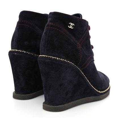 Chanel Suede Lace Up Wedge Booties 36 Dark Blue 4 of 8