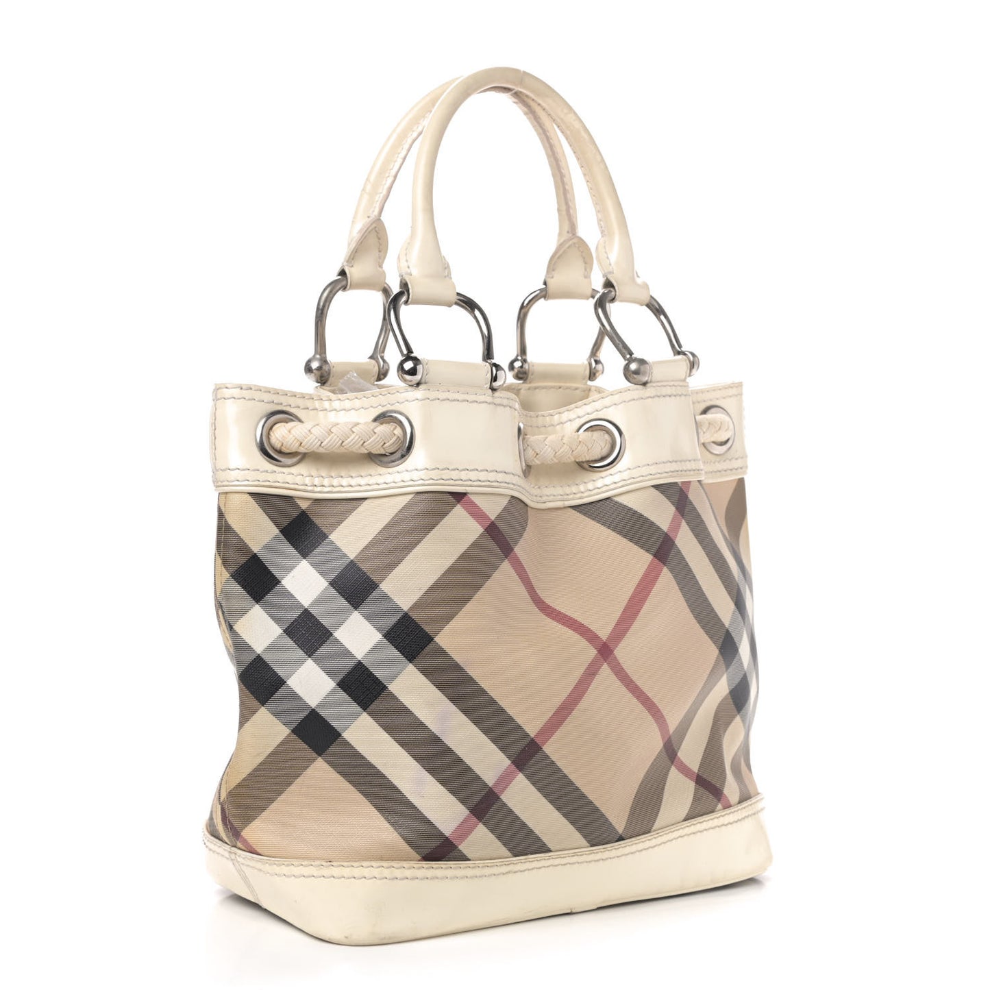 Calfskin Trim Nova Check Drawstring Bucket Bag White