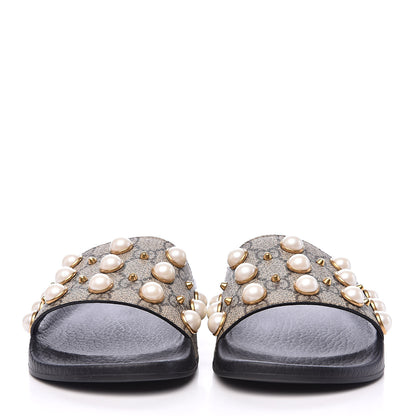 Gucci GG Supreme Monogram Pearls Slide Sandals 36 Beige 2 of 7
