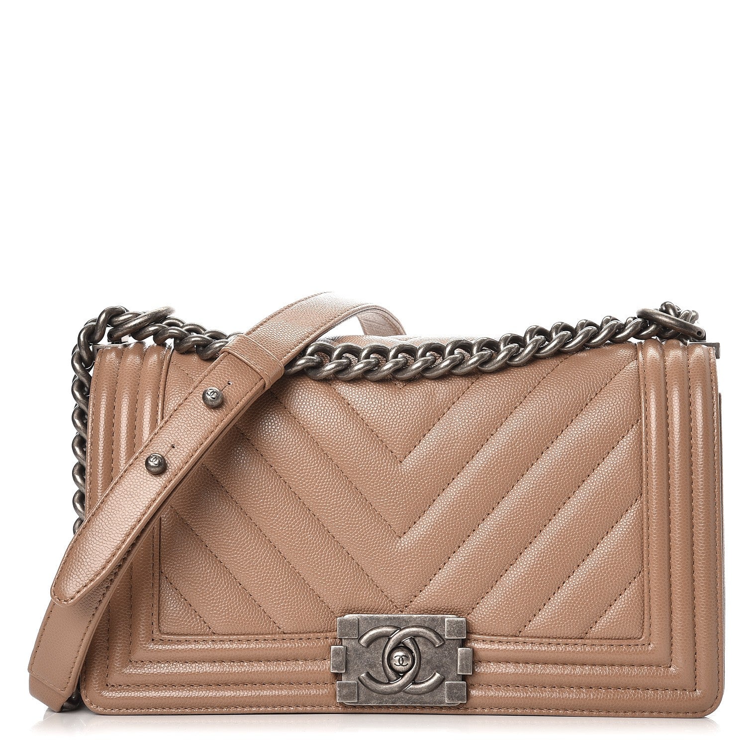 Chanel Caviar Chevron Quilted Medium Boy Flap Dark Beige 1 of 8