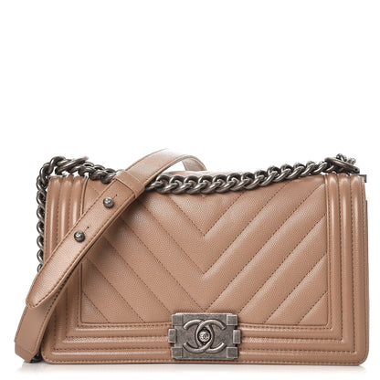 Chanel Caviar Chevron Quilted Medium Boy Flap Dark Beige 1 of 8