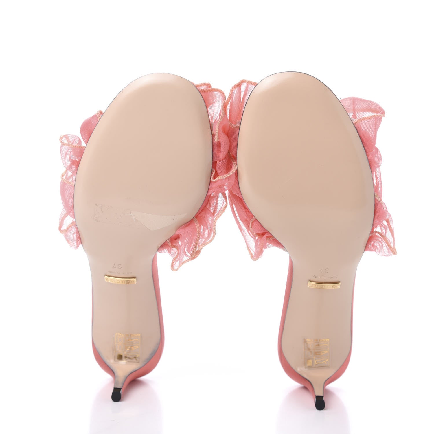 Gucci Tulle Ruffle Low Heel Slide Sandals 37 Peach Mystic White 5 of 10