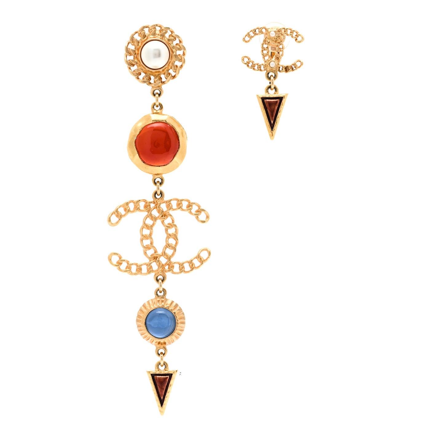 Metal Pearl Gripoix CC Asymmetrical Chain Drop Clip On Earrings Gold