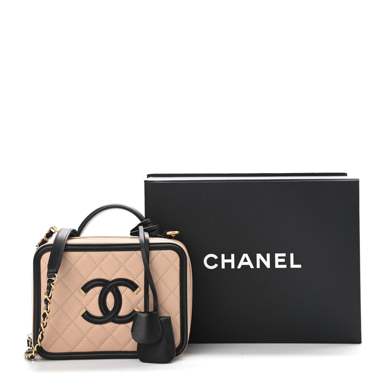 Caviar Quilted Medium CC Filigree Vanity Case Beige Black