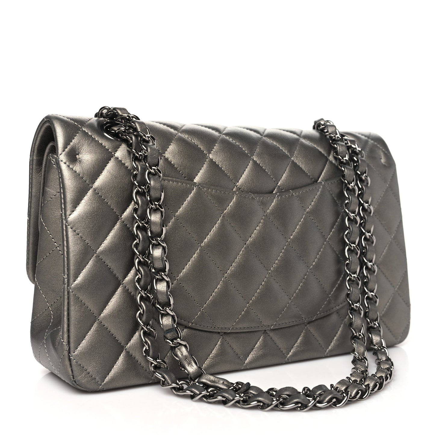 Metallic Calfskin Quilted Medium Double Flap Ruthenium Ruthenium