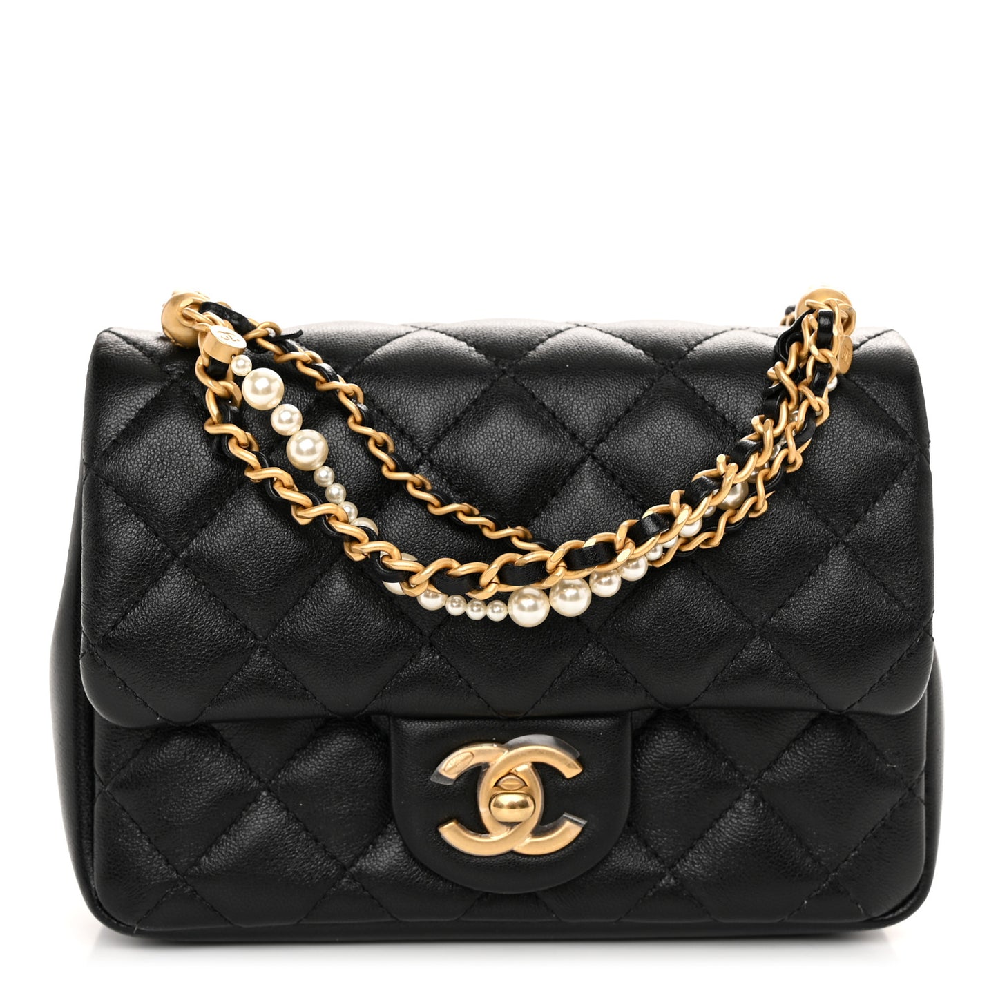 Shiny Lambskin Quilted Pearl Twist Mini Square Flap Black