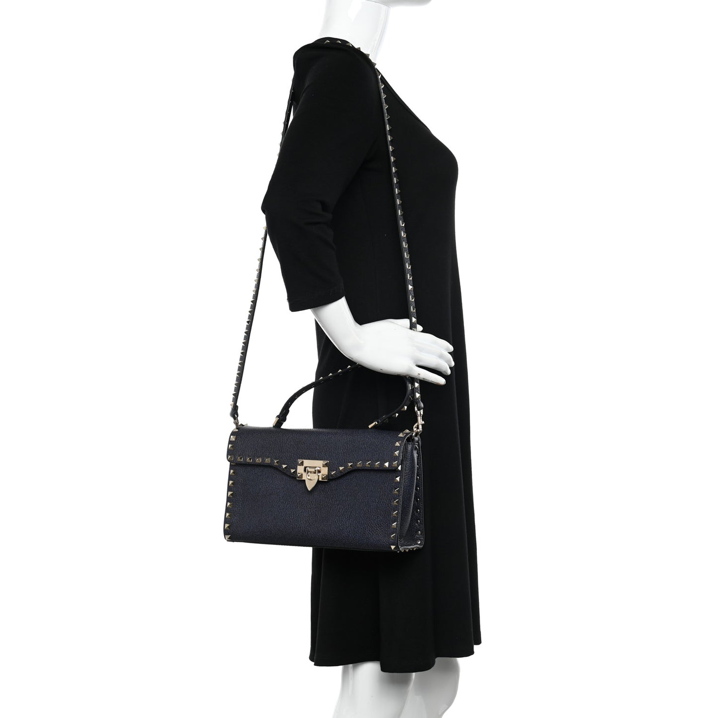 Pebbled Calfskin Small Rockstud Single Handle Flap Bag Deep Denim