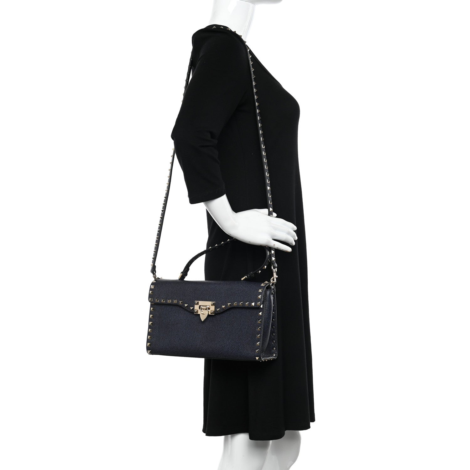 Valentino Garavani Pebbled Calfskin Small Rockstud Single Handle Flap Bag Deep Denim 2 of 9