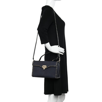 Valentino Garavani Pebbled Calfskin Small Rockstud Single Handle Flap Bag Deep Denim 2 of 9