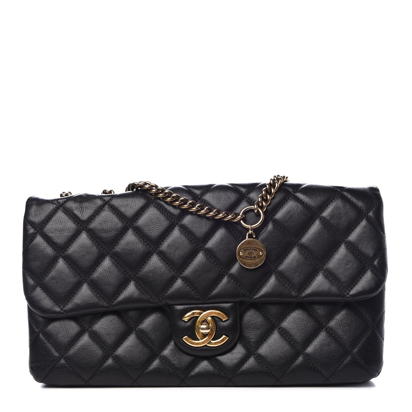 Calfskin Quilted Medium CC Crown Flap Black