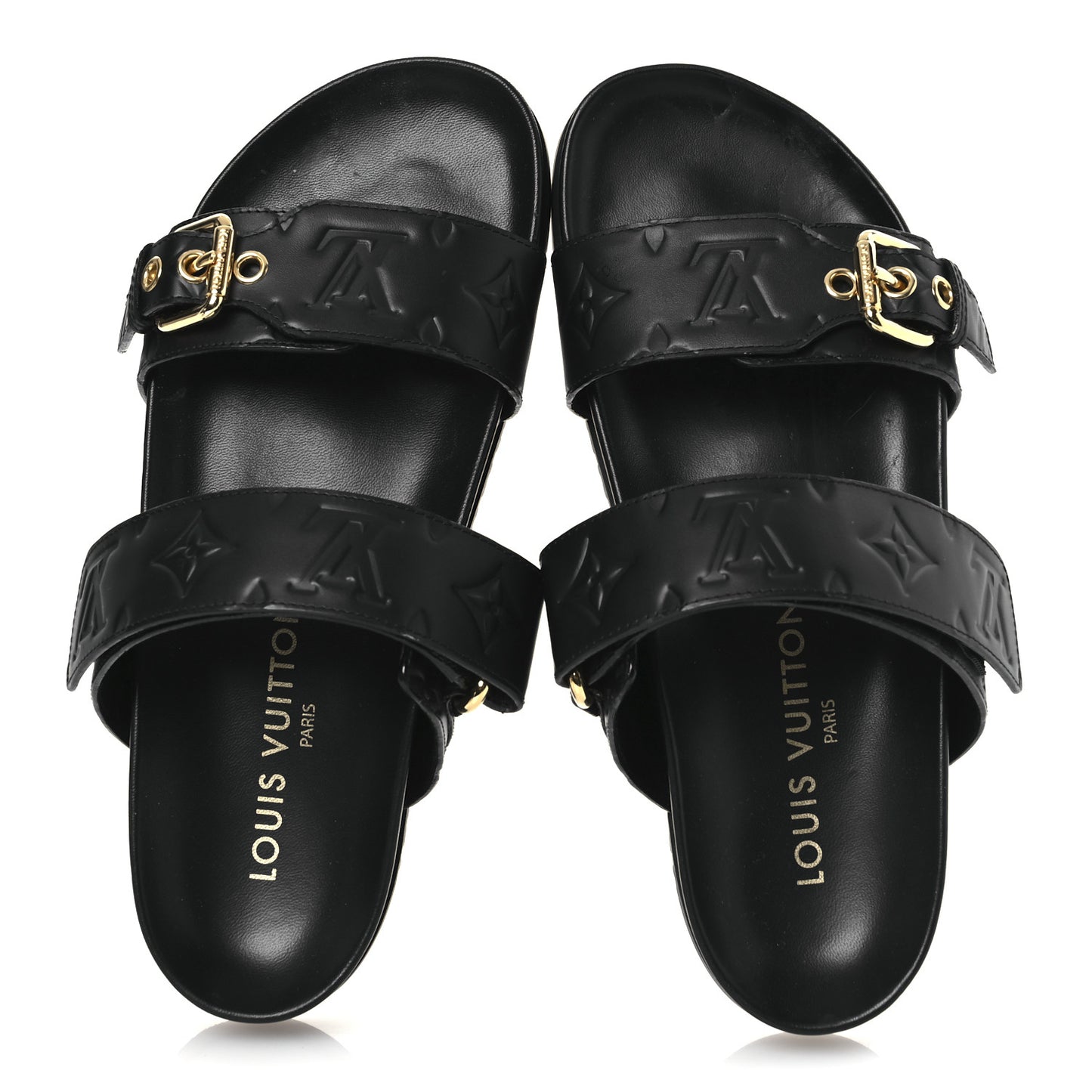 Lambskin Embossed Monogram Bom Dia Flat Mule Sandals 38 Black