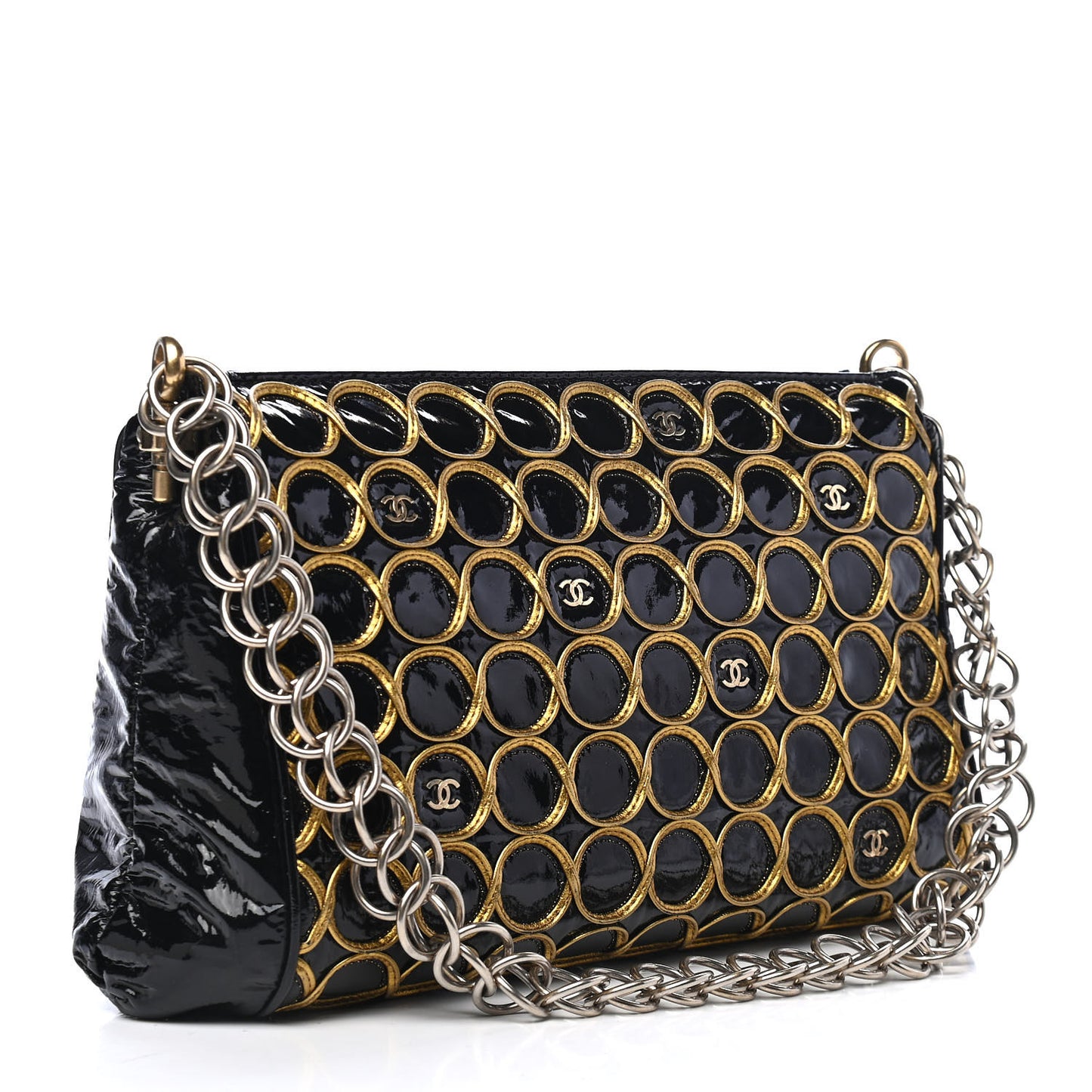 Patent Embroidered Clutch With Chain Black Gold