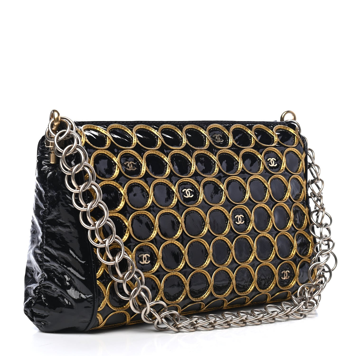 Chanel Patent Embroidered Clutch With Chain Black Gold 2 of 9