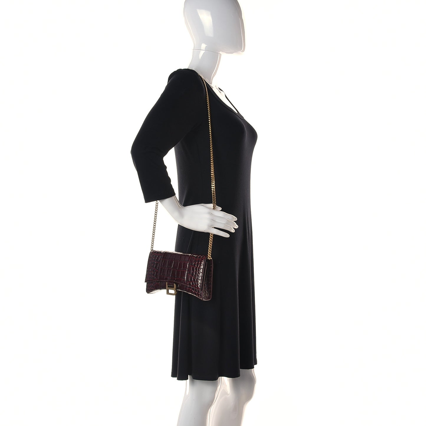Shiny Calfskin Crocodile Embossed Hourglass Chain Bag Dark Red