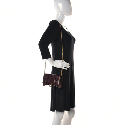 Balenciaga Shiny Calfskin Crocodile Embossed Hourglass Chain Bag Dark Red 2 of 9