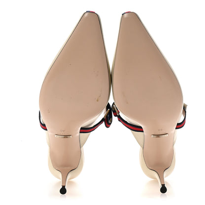 Gucci Malaga Kid Sylvie Web Cross Strap Mid-Heel Slides 38 Vintage White 6 of 9