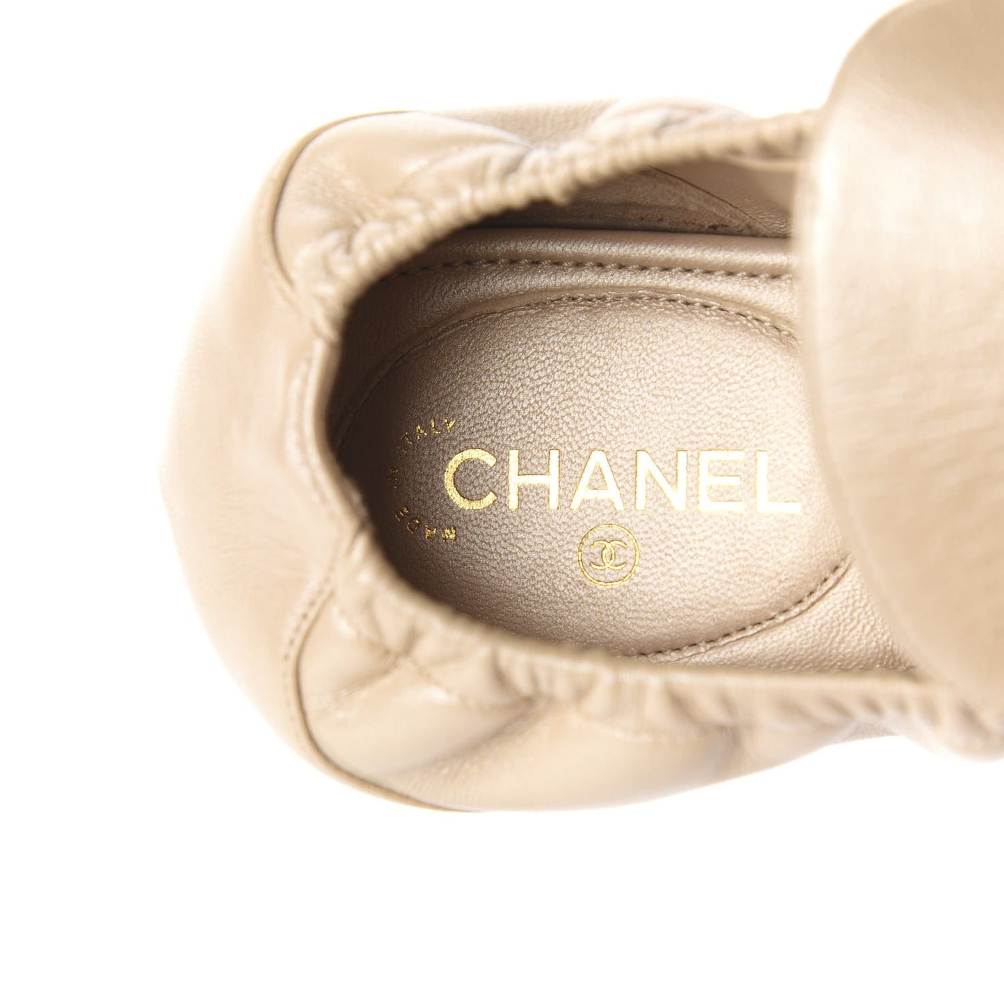 Laminated Lambskin Womens Quilted Elastic CC Moccasin Loafers 36.5 Beige