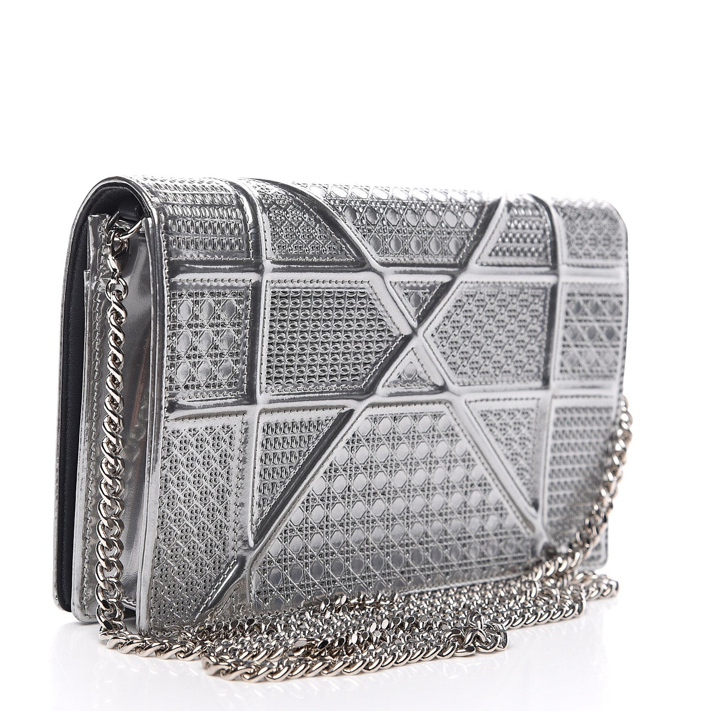 Metallic Patent Micro-Cannage Diorama Wallet on Chain Pouch Silver