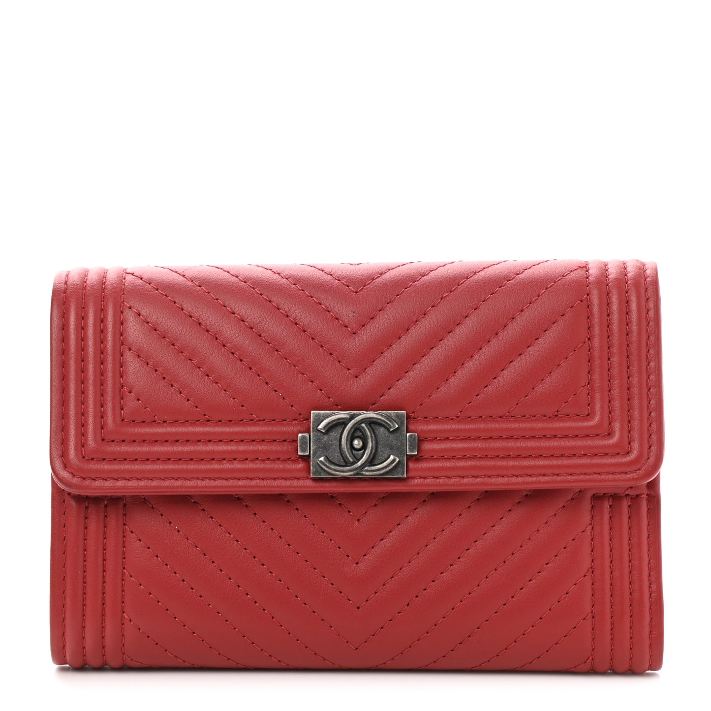 Calfskin Chevron Quilted Medium Boy Flap Wallet Dark Red
