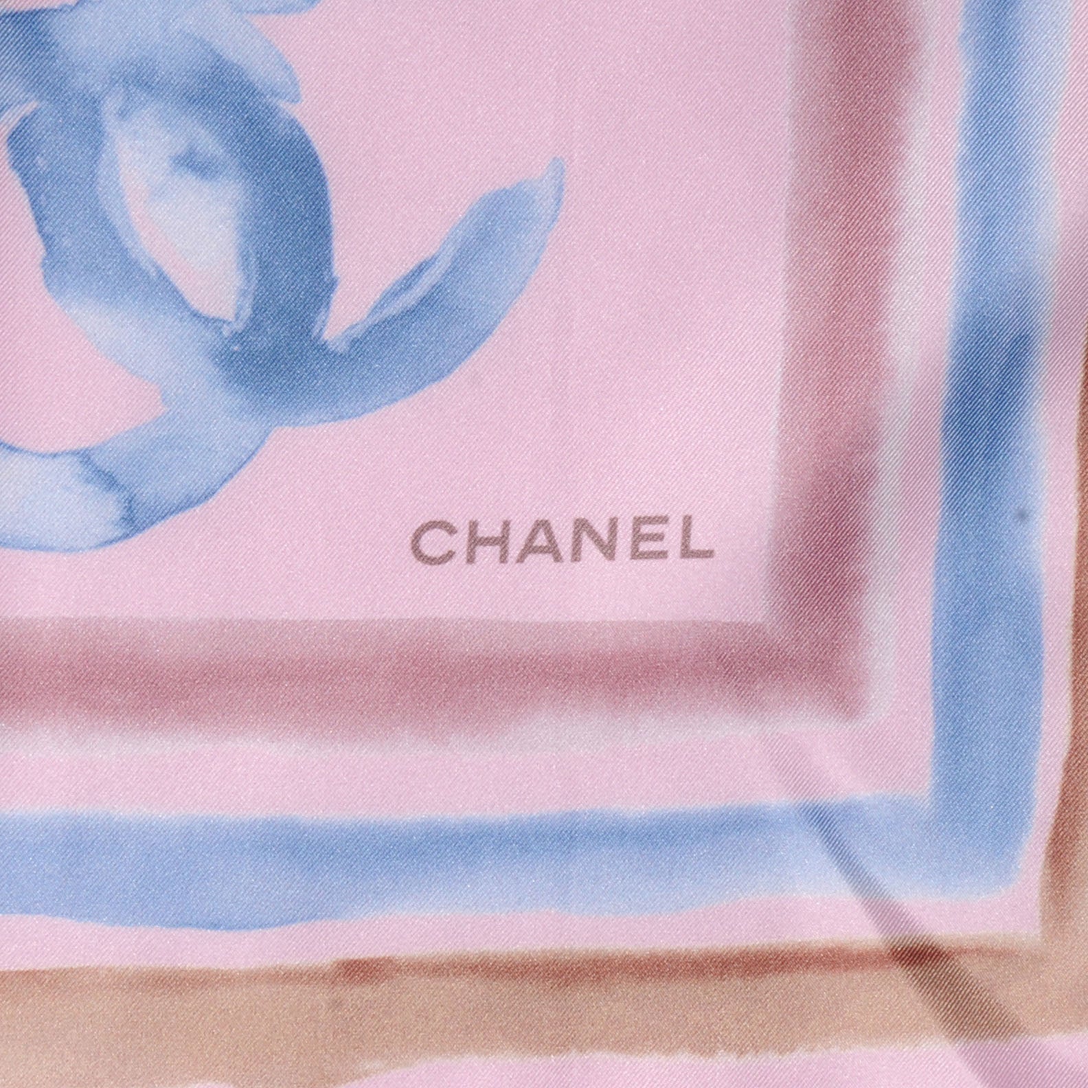 Chanel Silk CC Watercolor Camellia Flower Scarf Pink Blue 3 of 5