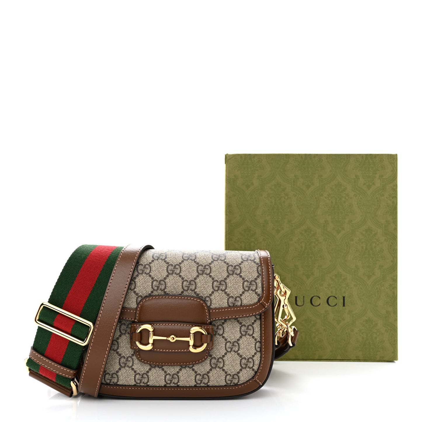GG Supreme Monogram Azalea Calfskin Web Mini Horsebit 1955 Shoulder Bag Beige Ebony Brown Sugar