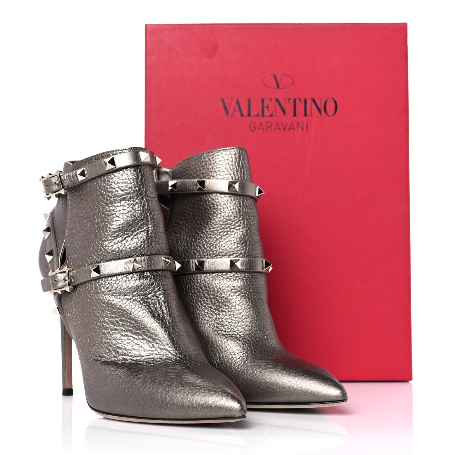 Metallic Grained Calfskin Rockstud Double Buckle 100mm Ankle Boots 38.5 Sasso