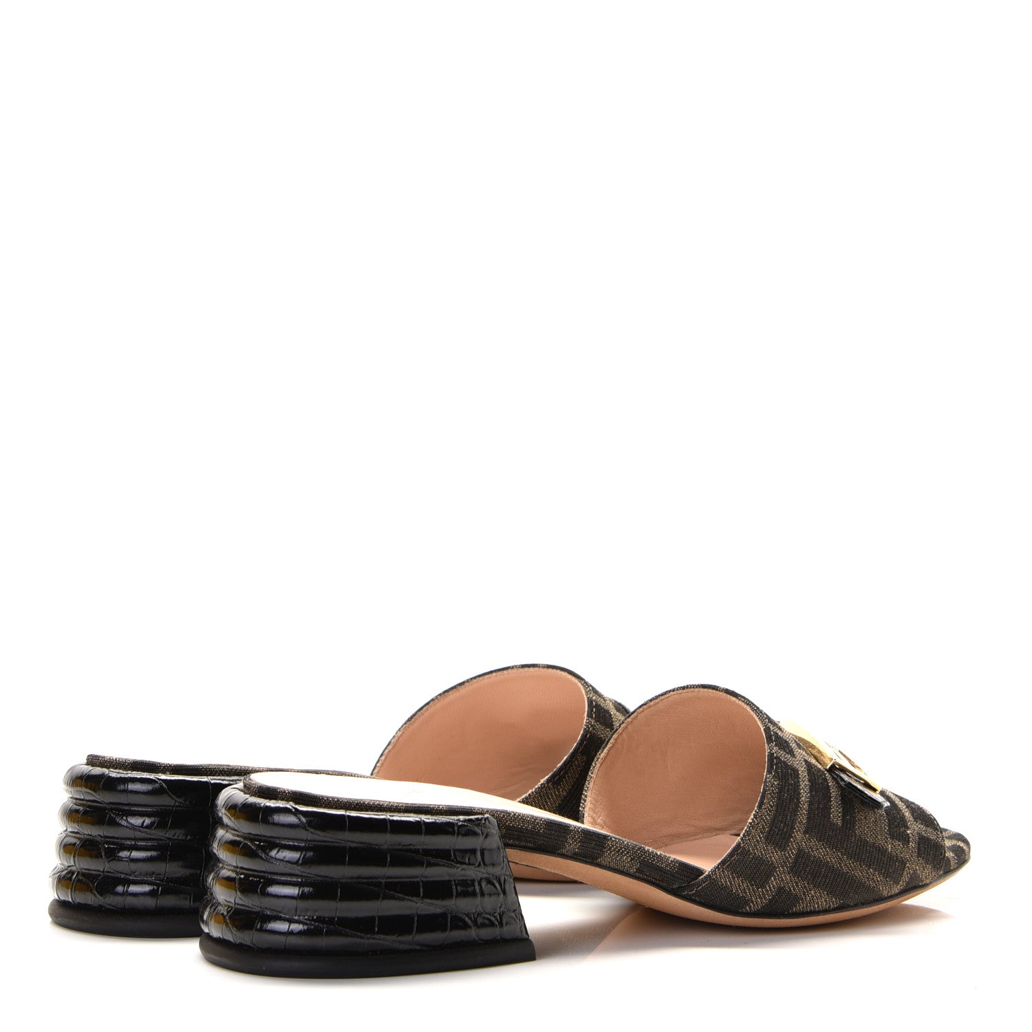 Fendi Jacquard Calfskin FF Crocodile Embossed Promenade Slide Sandals 35.5 Tobacco Moro Black 3 of 10